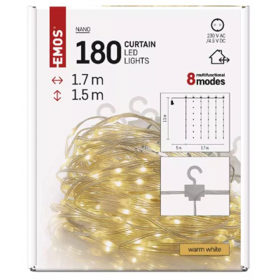Lampki świąteczne 180 LED nano kurtyna 1,7x1,5m ciepła biel 8 programów IP44 EMOS (D3EW02)